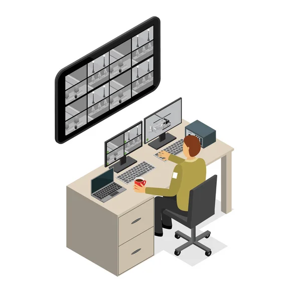 Vigilancia de Seguridad Servicio de Monitoreo Vista Isométrica. Vector — Archivo Imágenes Vectoriales