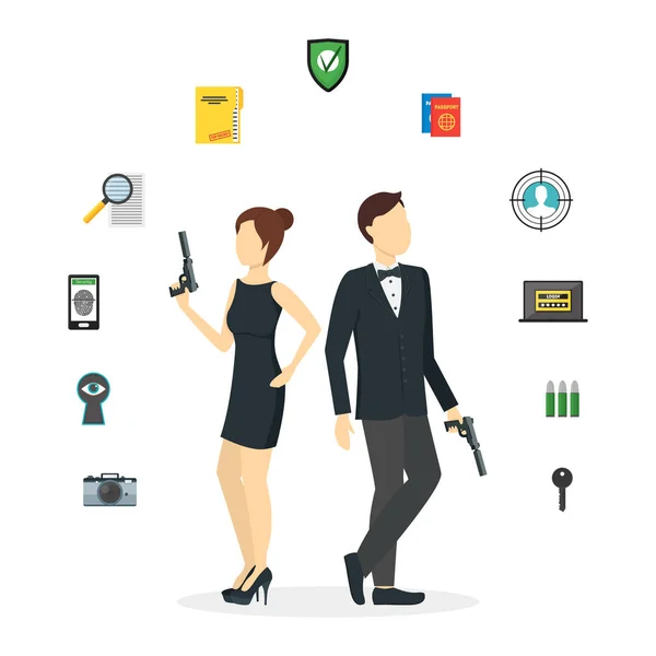 Cartoon Spy Couple and Icons Set. Vector — Stock Vector