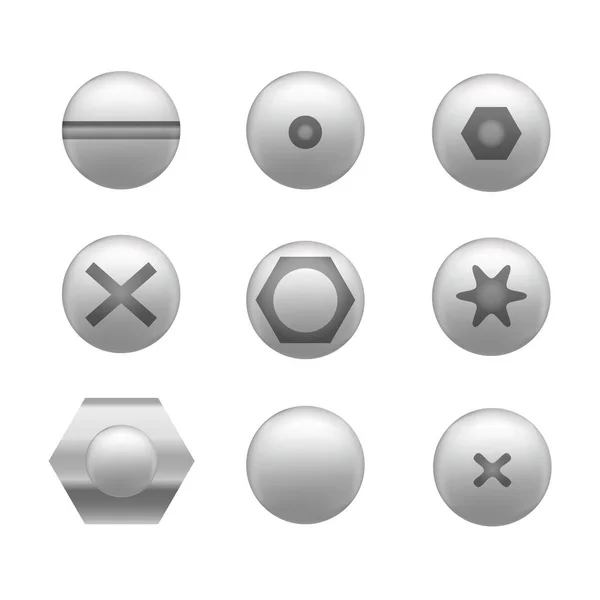 Tornillo realista Cap Icon Set Diferentes formas. Vector — Archivo Imágenes Vectoriales