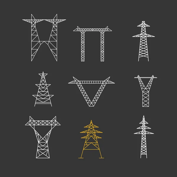 Conjunto de iconos de poste eléctrico de alta tensión. Vector — Vector de stock