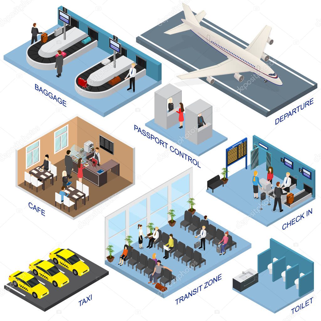 Airport Zone Set Isometric View. Vector