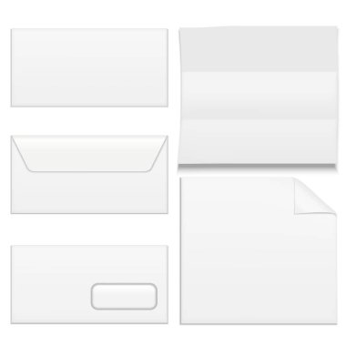Gerçekçi şablon boş beyaz kağıt zarf kümesi. Vektör