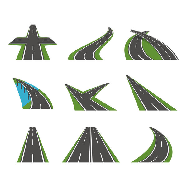 Cartoon Perspective Curved Road Icons Set. Vector