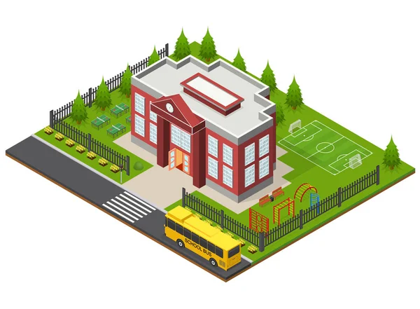 Shcool Building Isometric View (em inglês). Vetor —  Vetores de Stock