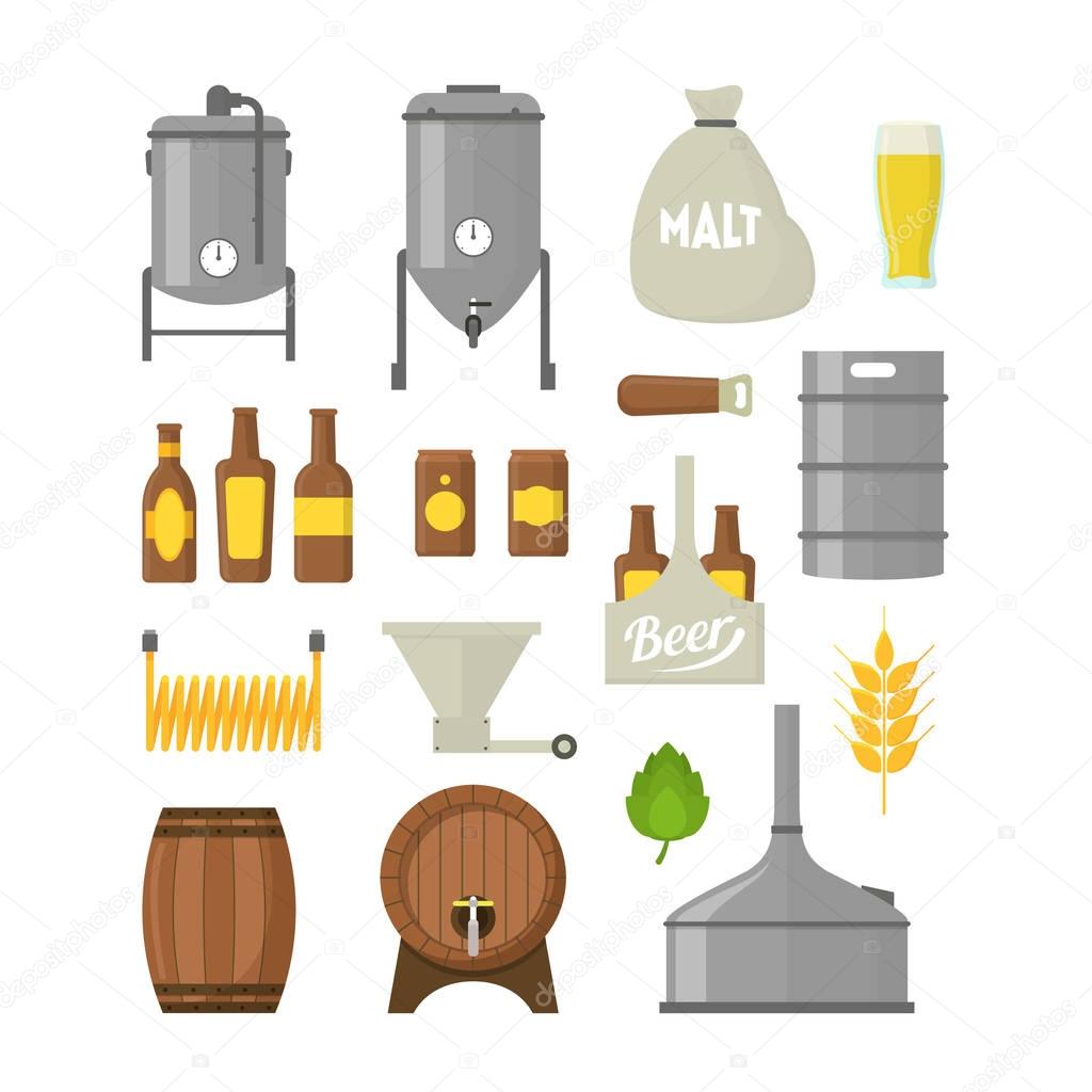 Cartoon Beer Brewing Color Icons Set. Vector