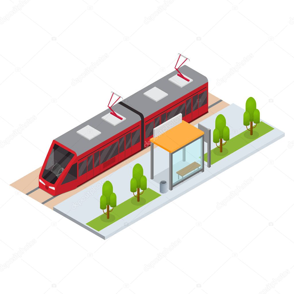 Tram and Stop Station Isometric View. Vector