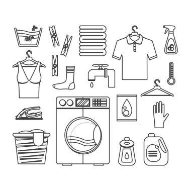 Çamaşırhane ince çizgi kümesi. Vektör