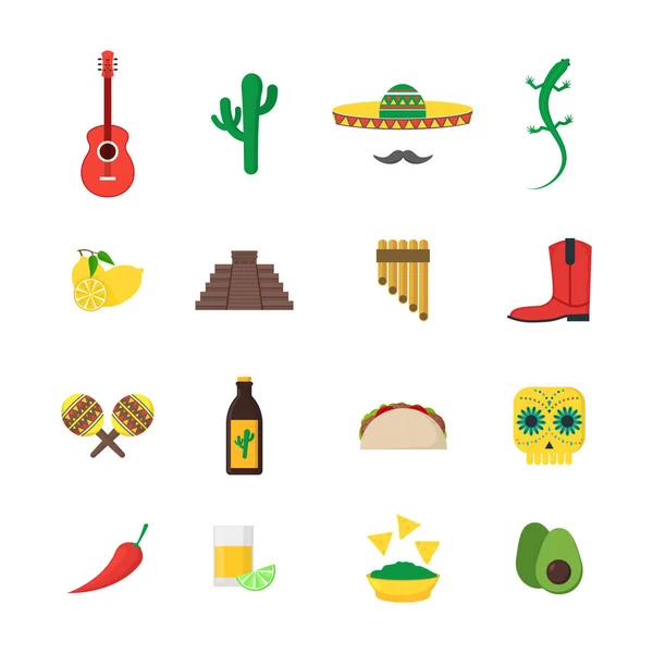 Cartoon Mexican Culture Color Icons Set (dalam bahasa Inggris). Vektor - Stok Vektor