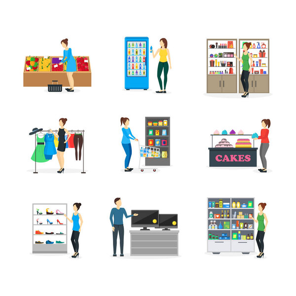 Cartoon Shopping Peoples on Store. Вектор
