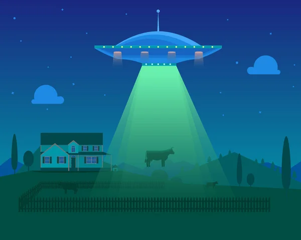 Kreslený mimozemšťané vesmírnou loď nebo Ufo bere kráva. Vektor — Stockový vektor