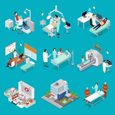 Doktor ve tıp tasarım öğesi sembolü izometrik görünümü ayarlayın. Vektör
