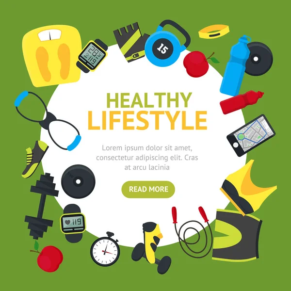 Healthy Lifestyle Tools Round Design Template Banner Card (dalam bahasa Inggris). Vektor - Stok Vektor