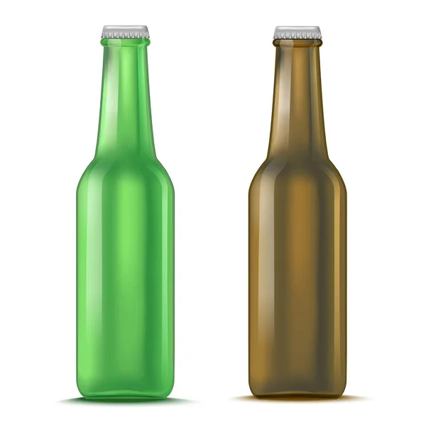 Realistica dettagliata bottiglia di birra di vetro verde e marrone. Vettore — Vettoriale Stock