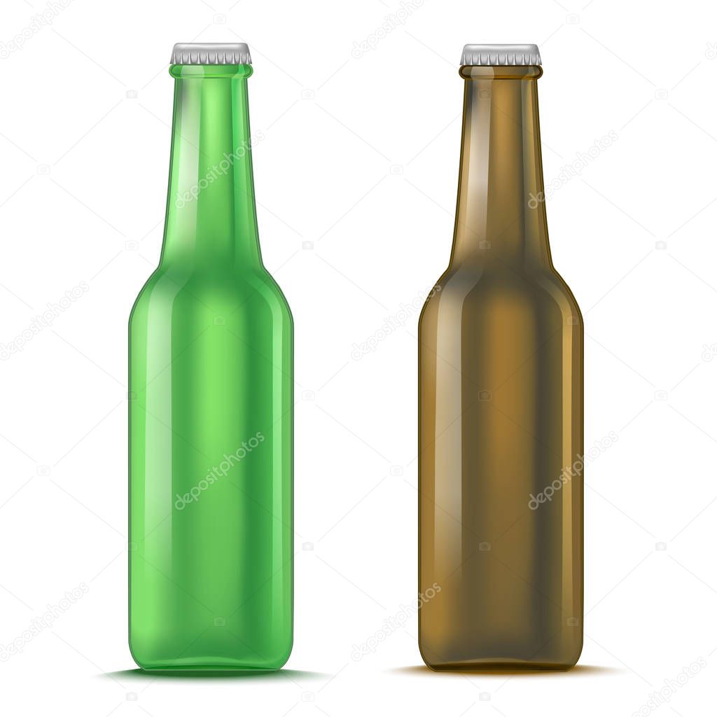 Realistic Detailed Green and Brown Glass Beer Bottle. Vector