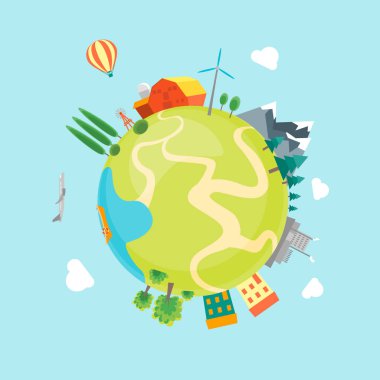 Çizgi film Earth evleri, Dağları, ormanları ve fabrikaları ile. Vektör