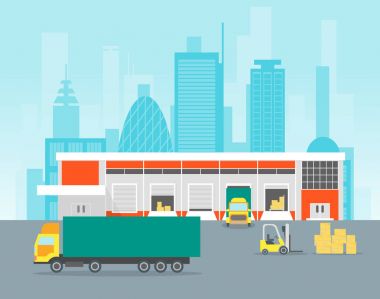 Çizgi film ambar dağıtım lojistik. Vektör