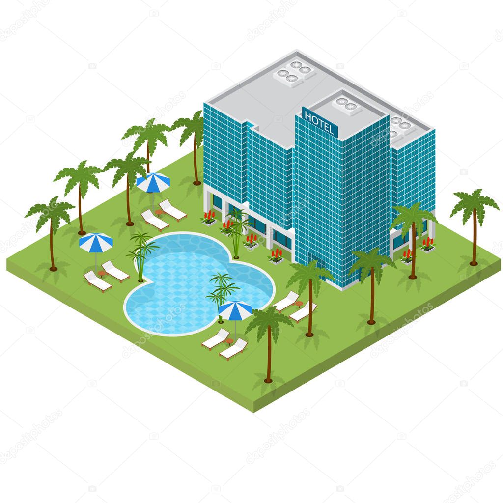 Resort Hotel Building Isometric View. Vector