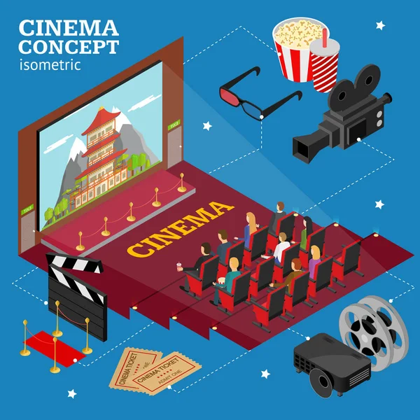 Cinéma Concept Cinéma Intérieur Auditorium Isometric View. Vecteur — Image vectorielle