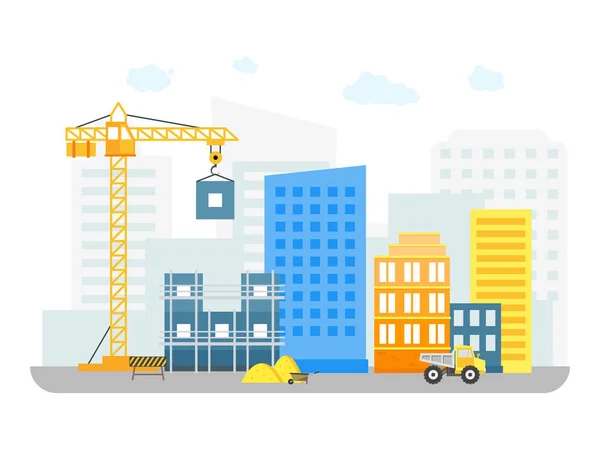 Cartoon constructies gebouw op achtergrond van wijk. Vector — Stockvector