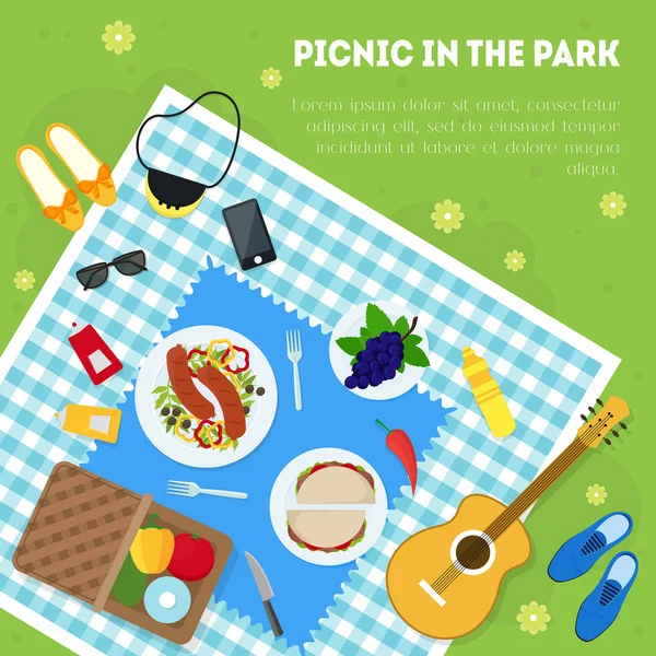 夏のピクニック公園バスケット カード背景を漫画します。ベクトル — ストックベクタ