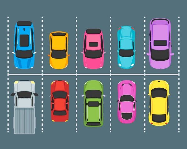 Cartoon-Parkzonen mit Autos von oben gesehen. Vektor — Stockvektor