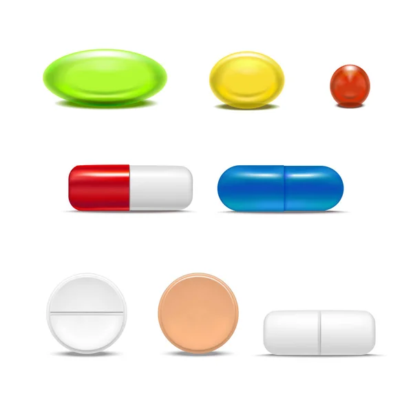 Realista comprimidos detalhados cápsulas e drogas conjunto. Vetor —  Vetores de Stock