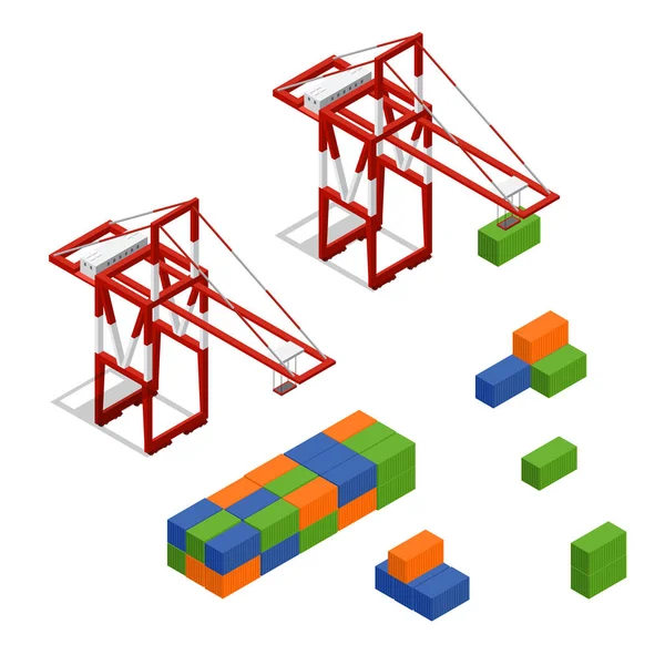 Poort kraan en laden kleur vrachtcontainer isometrische weergave. Vector — Stockvector