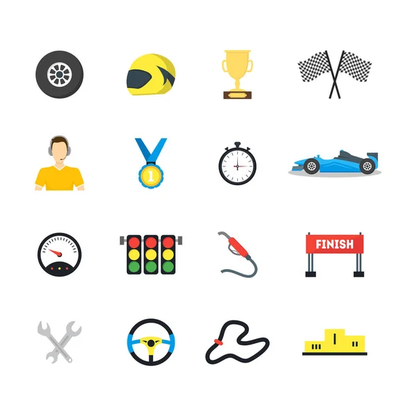 Rajzfilm autóverseny szimbólum színes ikonok beállítása. Vektor — Stock Vector