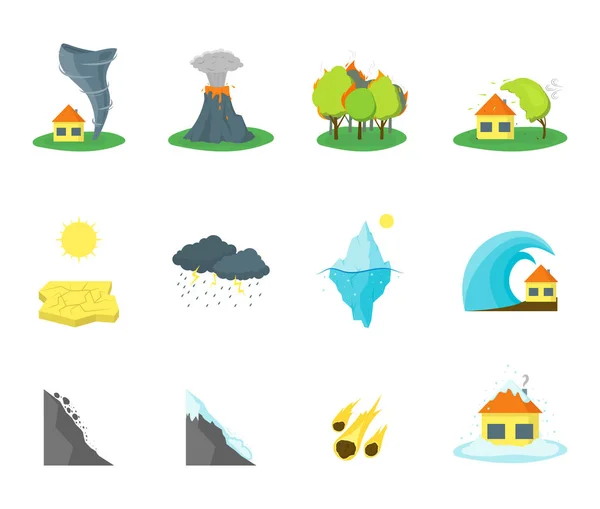 Cartoon Natural Disaster Color Icons Set. Вектор — стоковый вектор