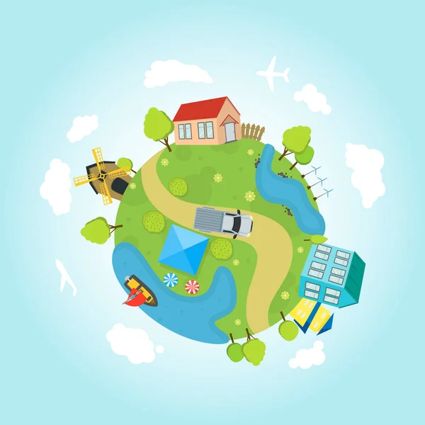 Cartoon Planet Earth with Houses, Ocean, Roads. Vektor - Stok Vektor