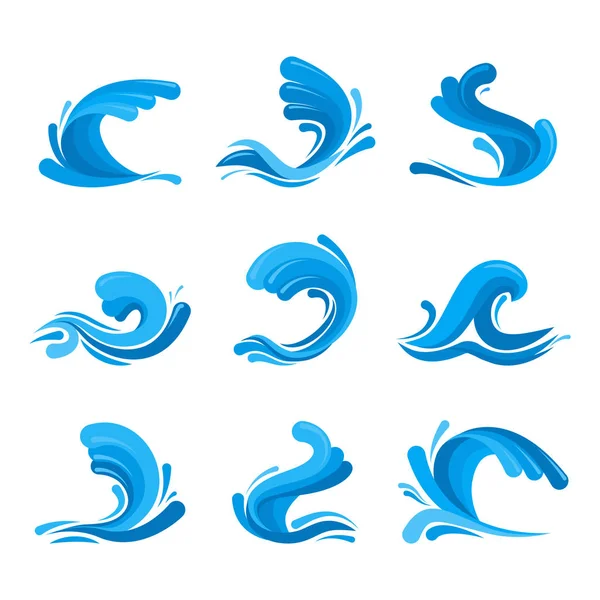 Cartoon Ocean or Sea Blue Waves Icons Set (dalam bahasa Inggris). Vektor - Stok Vektor