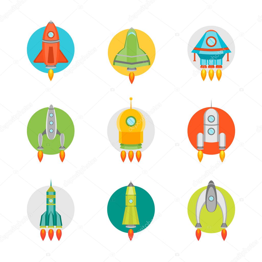 Cartoon Space Ship or Rocket Color Icons Set. Vector