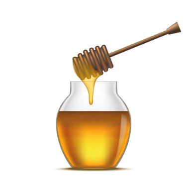 Tatlım, gerçekçi detaylı kepçe ve cam kavanoz. Vektör