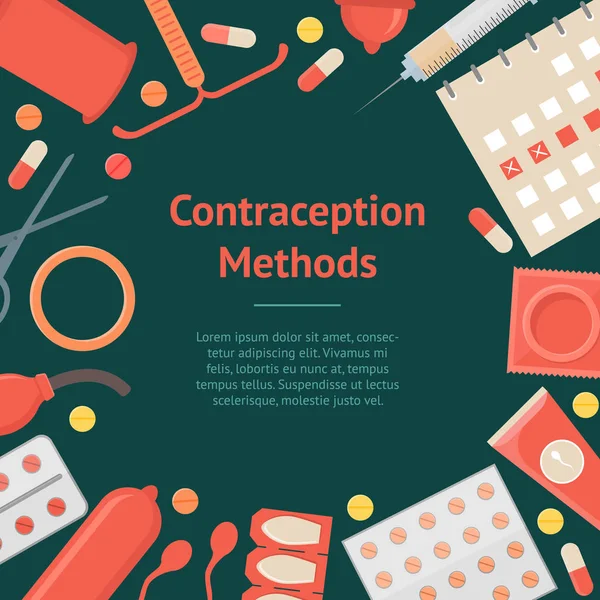 Cartoon Contraception Method Banner Card (em inglês). Vetor — Vetor de Stock