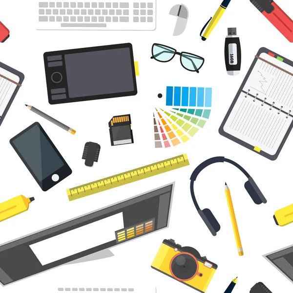 Cartoon Designer Workplace Background Pattern. Vecteur — Image vectorielle