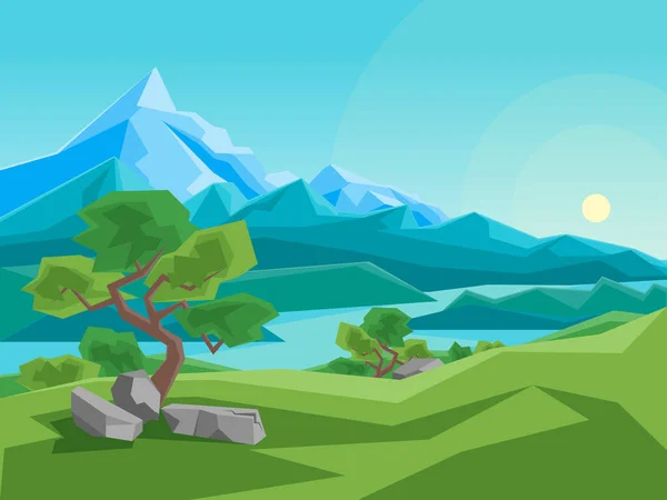 Cartoon zomer berg en rivier op de achtergrond van een landschap. Vector — Stockvector