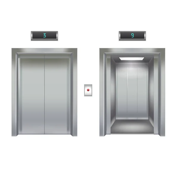 Realistiska hiss med stängt och öppnade metalldörr. Vektor — Stock vektor