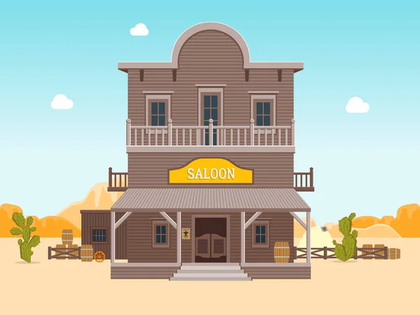Cartoon Building Saloon on a Landscape Background. Vector — Stock Vector