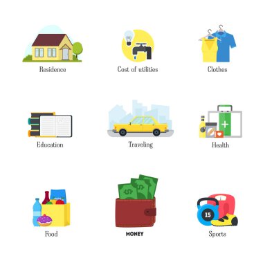 Karikatür aylık giderleri renk simgeler kümesi ekonomi kavramı. Vektör