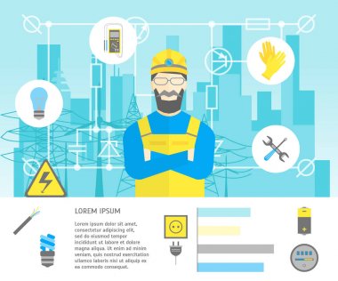 Çizgi film profesyonel elektrikçi çalışan adam ve elektrik servis kartı. Vektör