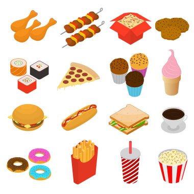 Fast Food renk simge kümesi izometrik görünümü. Vektör