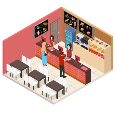 İç Fast Food Restoran izometrik görünümü. Vektör
