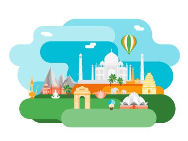 Çizgi film Hindistan arka plan turizm kavramı sembolü. Vektör
