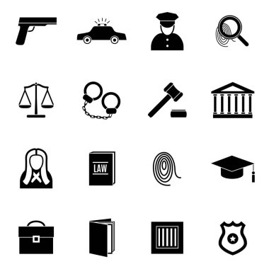 Siluet siyah hukuk ve adalet Icon Set. Vektör