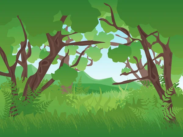 Kreslený letní Green Forest krajinném zázemí. Vektor — Stockový vektor