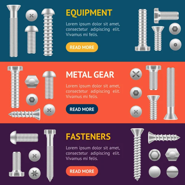 Tornillo realista diferentes formas Banner Horizontal Set. Vector — Vector de stock