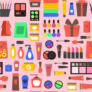 Çizgi film güzellik kozmetik mağazası arka plan deseni. Vektör