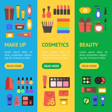 Çizgi film güzellik kozmetik mağazası afiş Vecrtical küme. Vektör