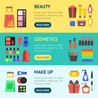 Çizgi film güzellik kozmetik mağazası afiş yatay küme. Vektör