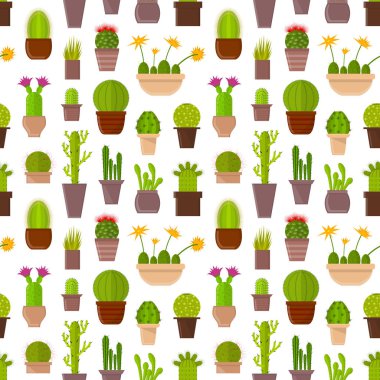 Çizgi film Cactus tencere arka plan deseni fabrikasında. Vektör